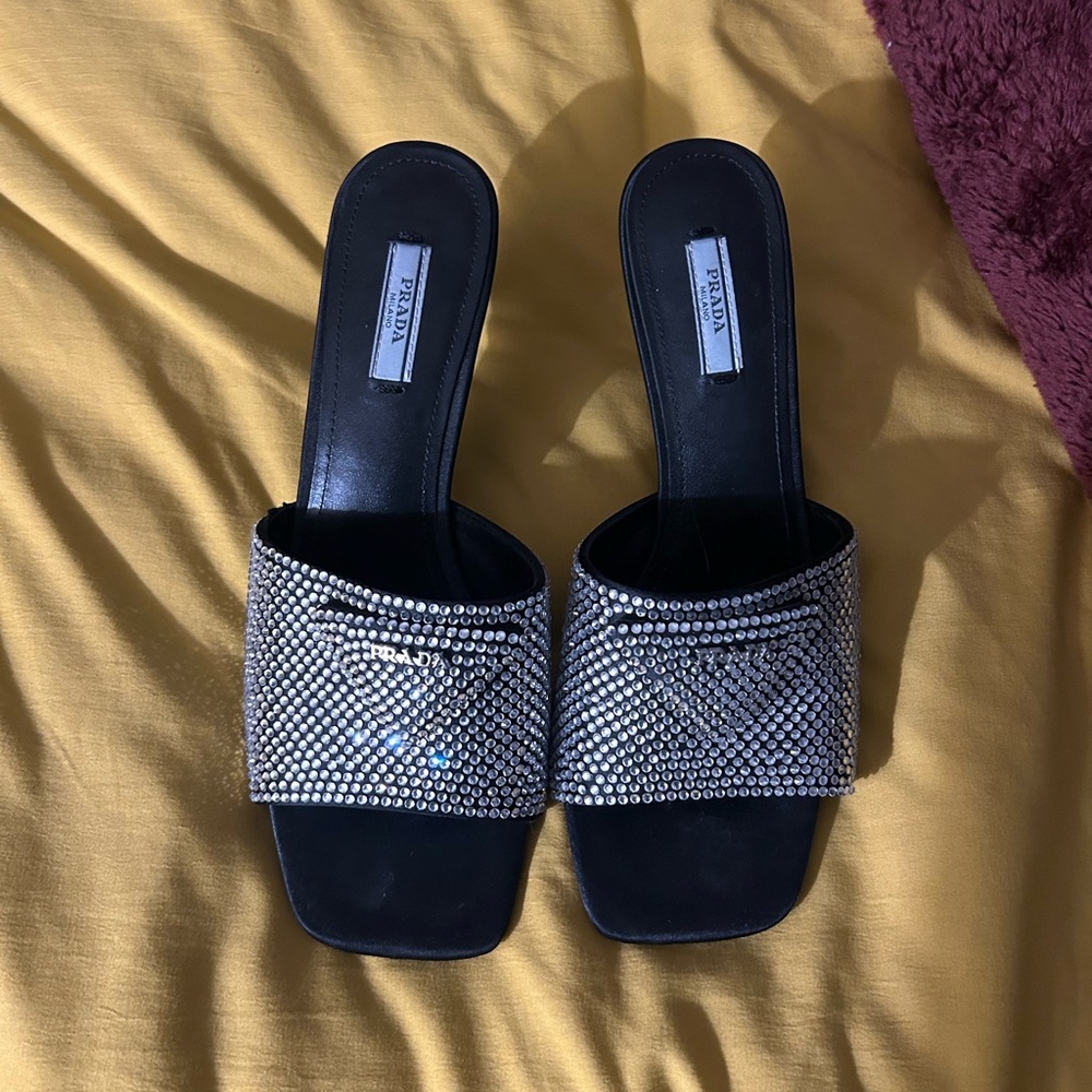 Prada Black Crystal Embellished Women's Slides